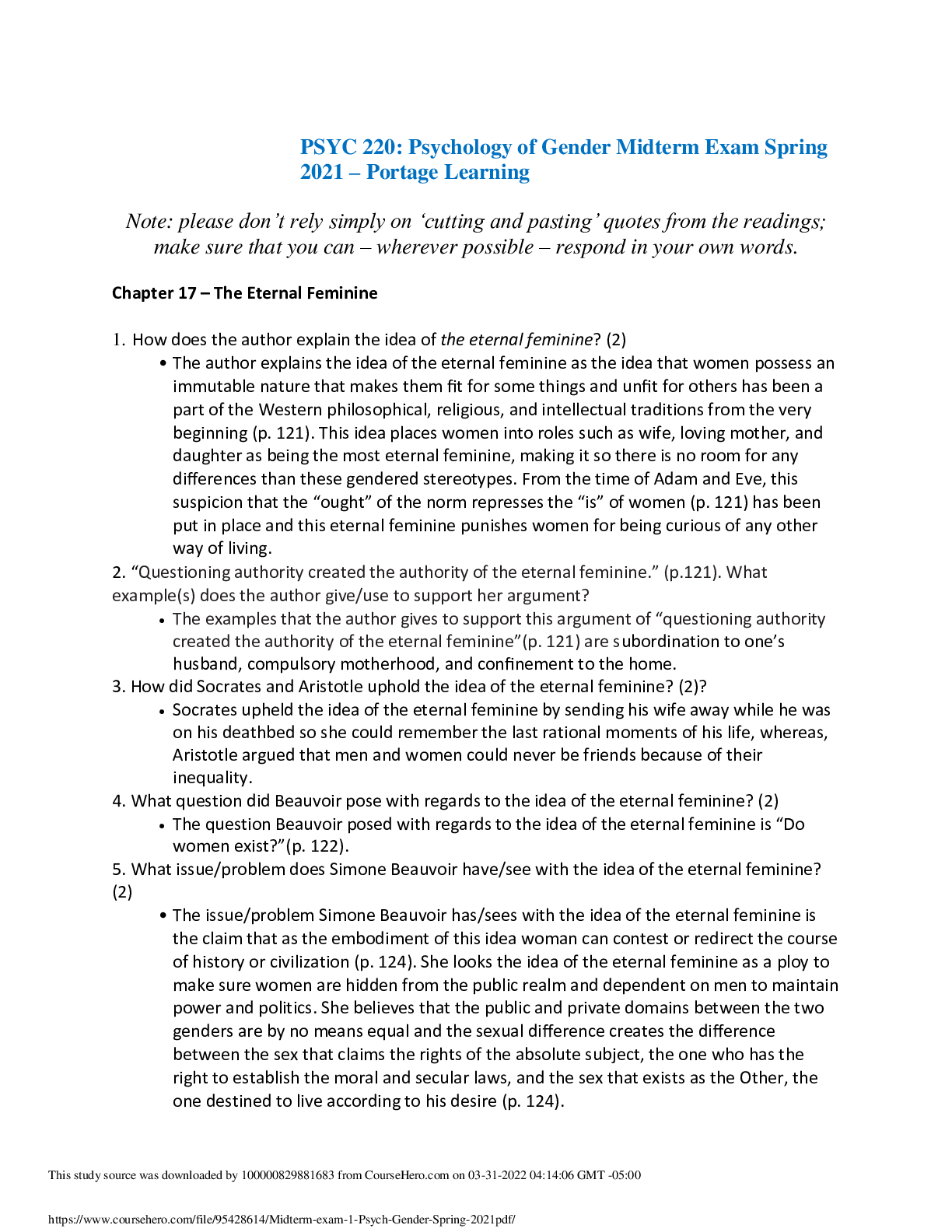 Preview image for PSYC 220: Psychology of Gender Midterm Exam Spring 2021 – Portage Learning